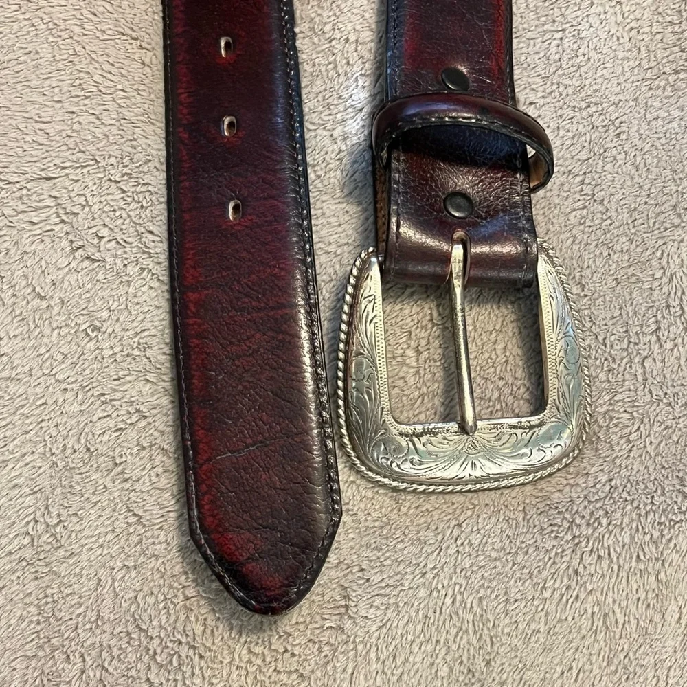 Tony Lama Western Belt Leather Engraved Silver Buckle Cowboy Rodeo Size 46 waist